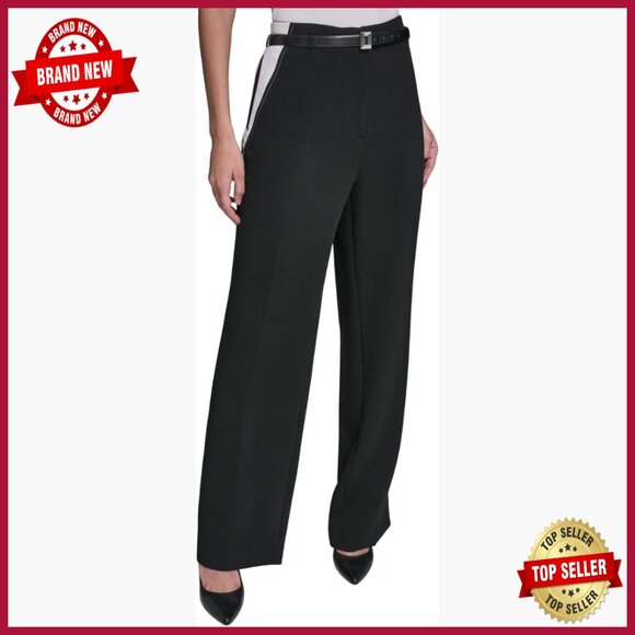 Belted Office Pant Relaxed Fit Polyester Trousers Mid Rise